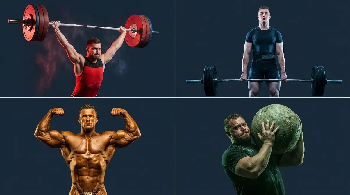 Four-quadrant image comparing Olympic weightlifting, powerlifting, bodybuilding, and strongman athletes
