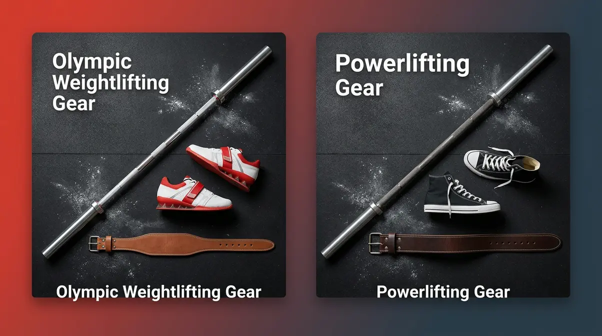 Olympic weightlifting versus powerlifting equipment comparison showing bars belts and shoes side by side