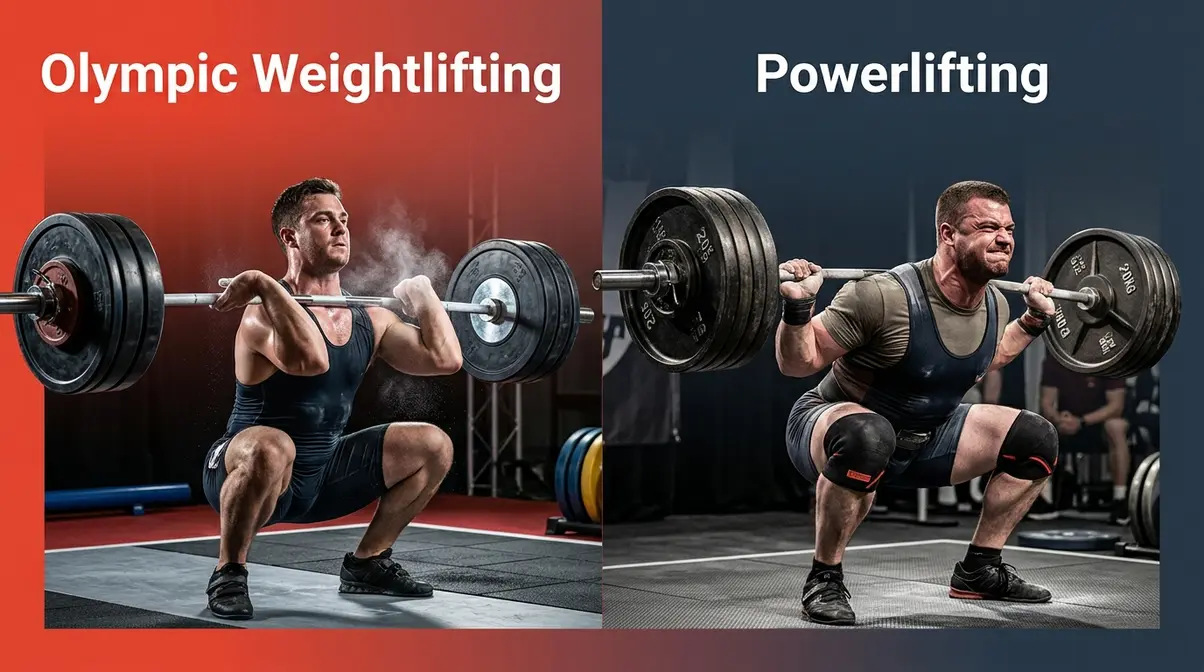 Olympic weightlifting clean catch position versus powerlifting squat side by side comparison on competition platforms