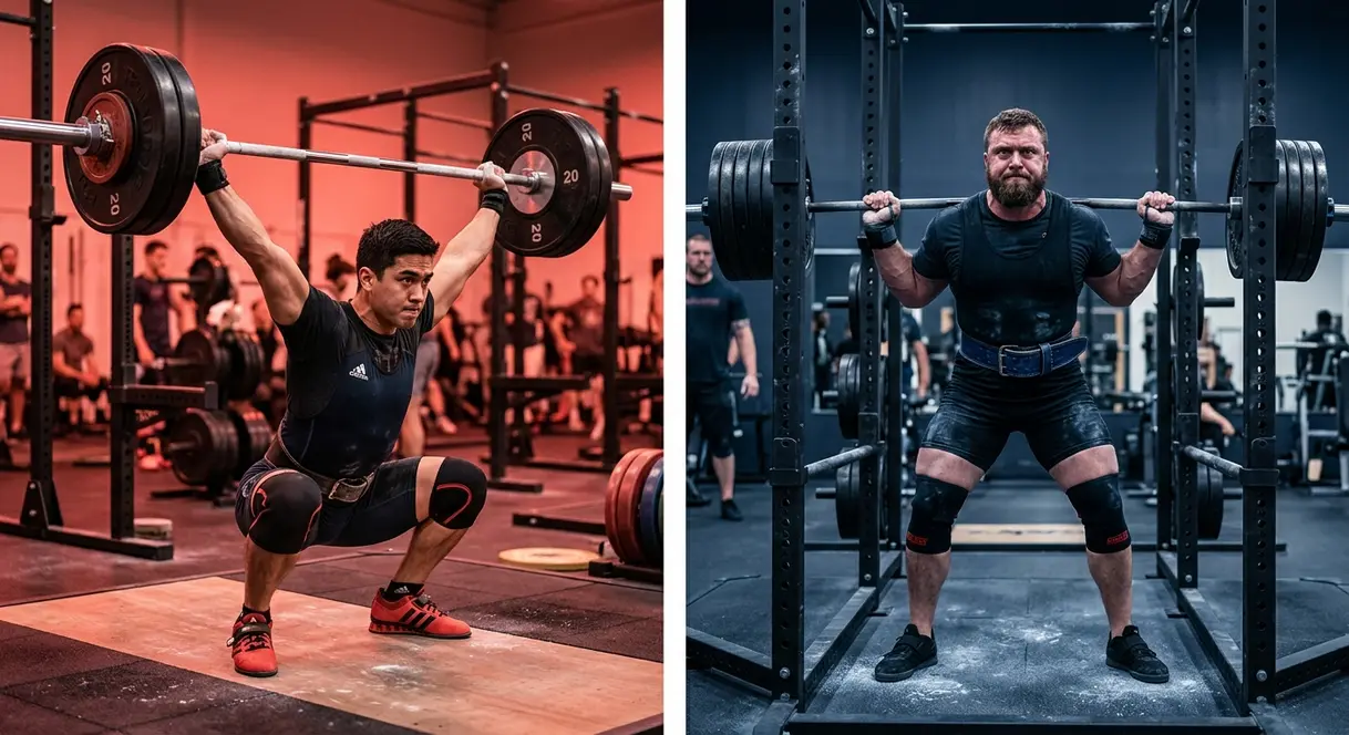 Olympic weightlifter in overhead squat beside powerlifter in back squat showing mobility vs stability demands