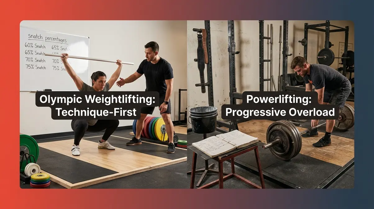 Olympic weightlifting technique training session versus powerlifting progressive overload gym environment comparison