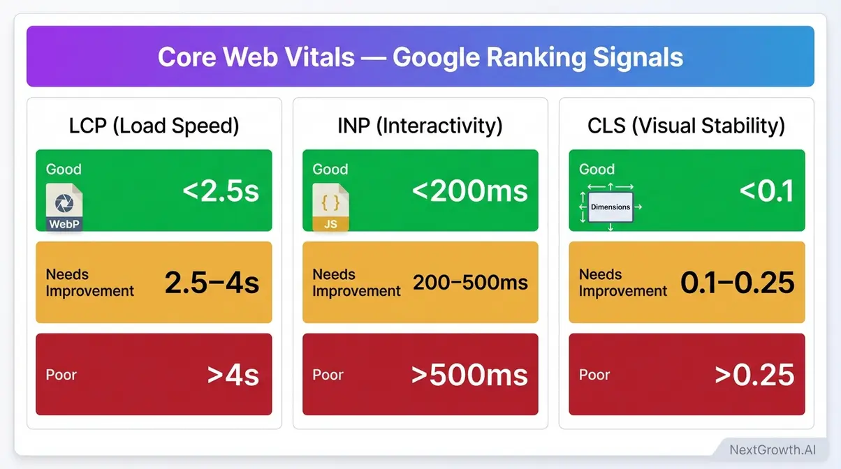 Core Web Vitals thresholds showing LCP INP and CLS score ranges