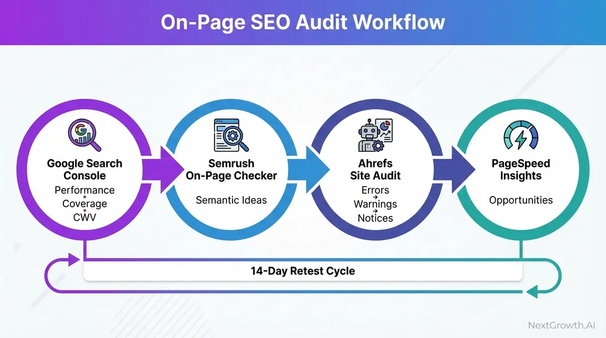 On-page SEO audit workflow with GSC Semrush Ahrefs and PageSpeed Insights