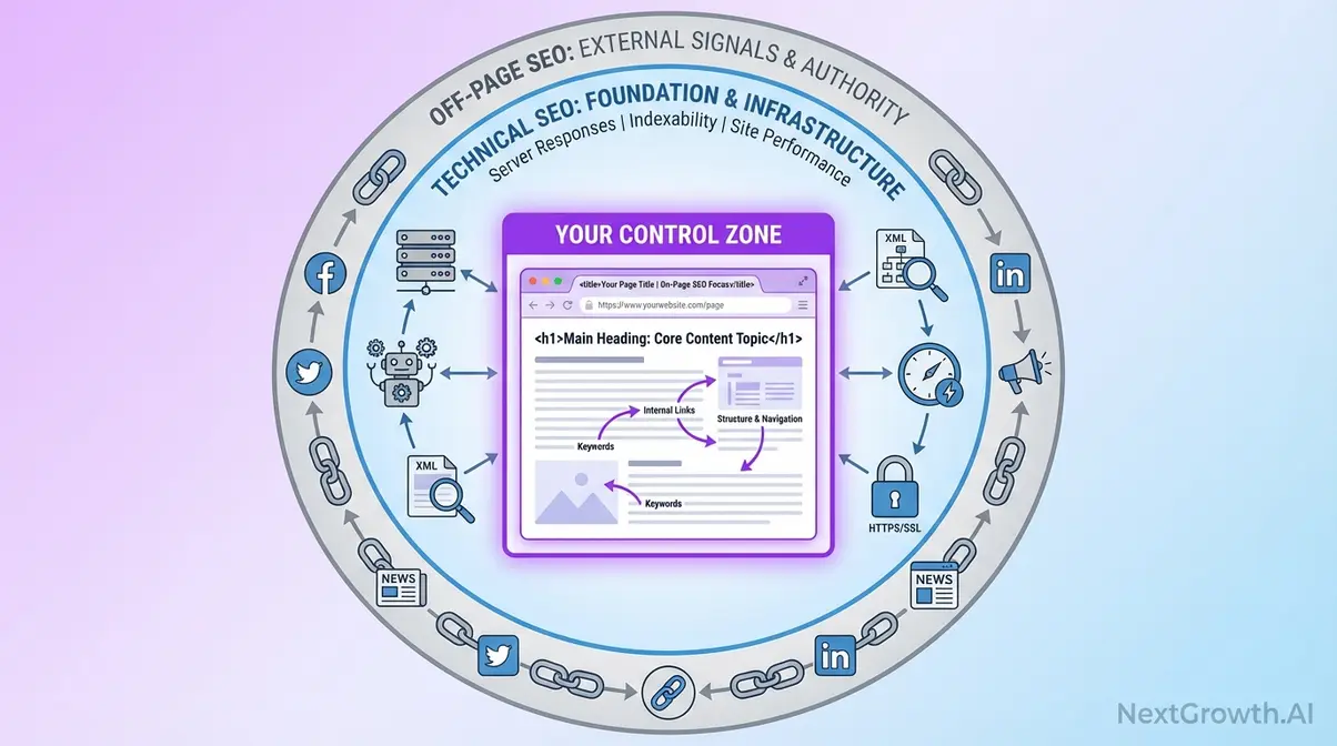 On-page SEO scope diagram showing what on-page SEO covers versus technical and off-page SEO