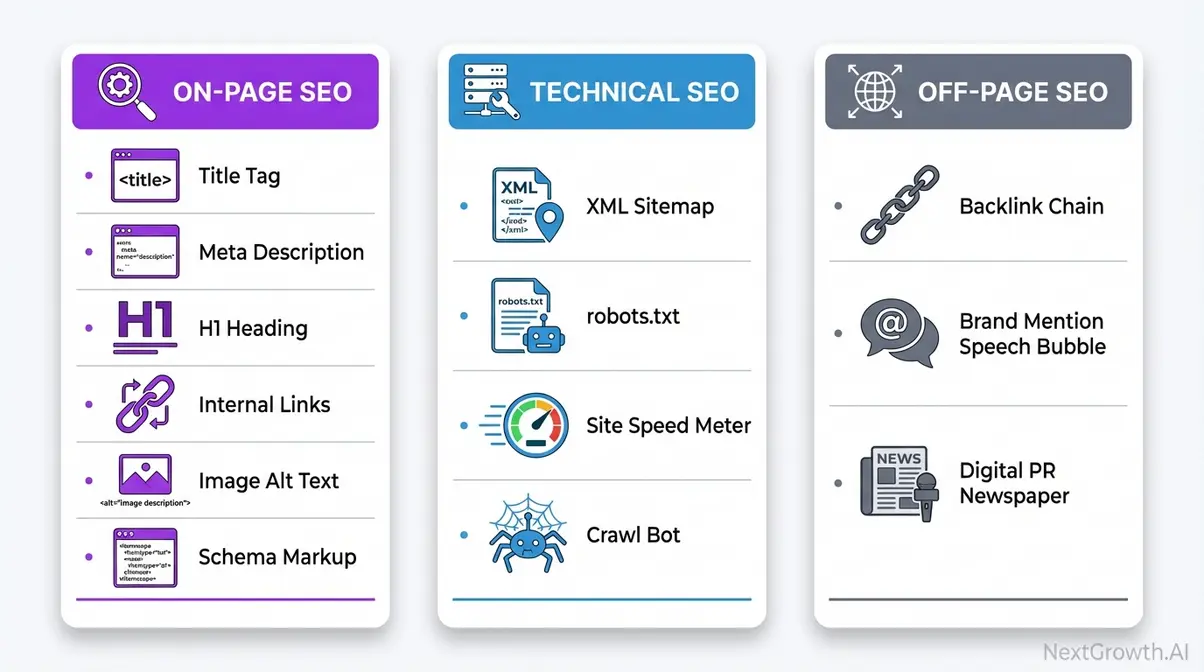 On-page vs technical vs off-page SEO comparison diagram