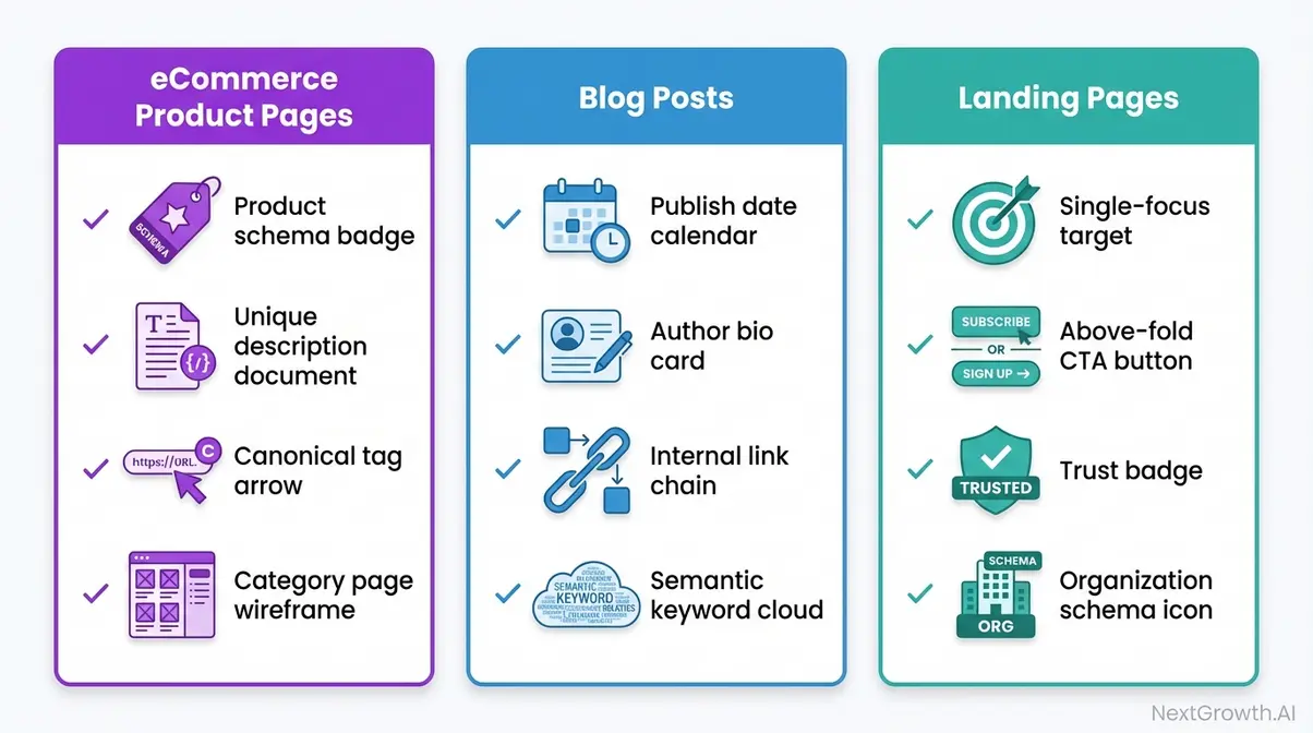 Specialized on-page SEO checklists for eCommerce blog and landing pages