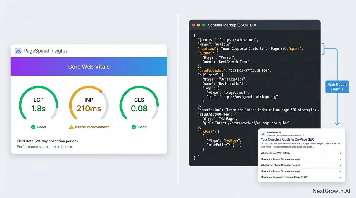 Technical on-page SEO dashboard showing Core Web Vitals and schema markup