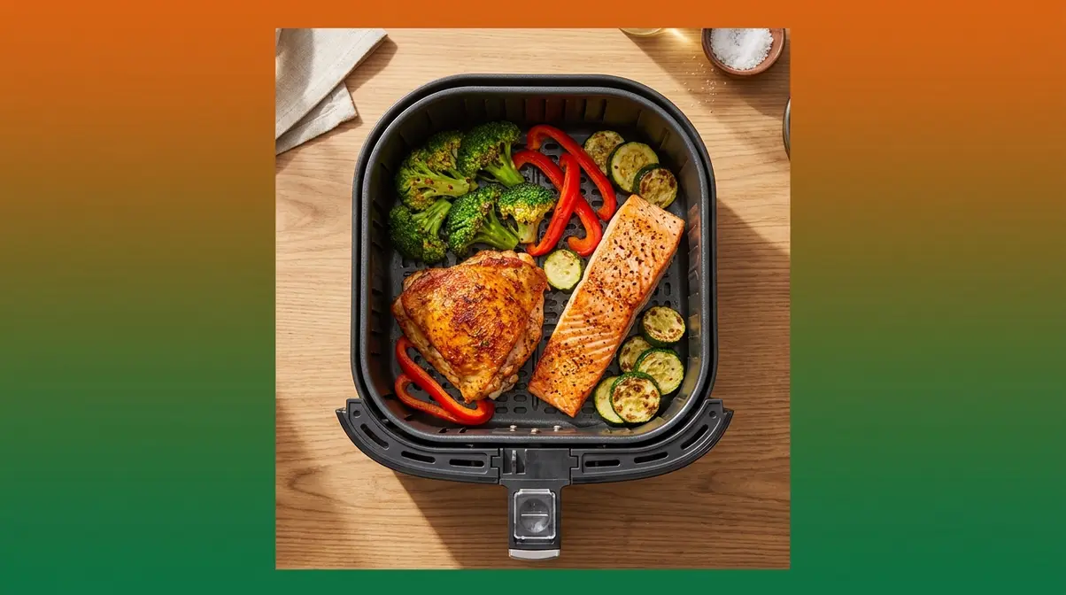 20 One-Basket Air Fryer Meals: Beginner'S Guide 2026 2 Open air fryer basket containing chicken, salmon, broccoli, bell peppers, and zucchini showing one-basket meal variety