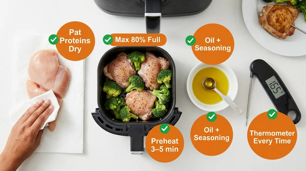20 One-Basket Air Fryer Meals: Beginner'S Guide 2026 7 Air fryer one-basket success tips showing meat thermometer, olive oil, patting proteins dry, and basket fill level