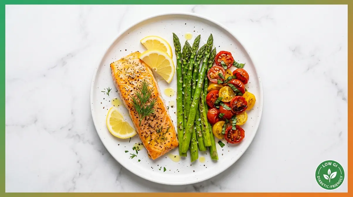 20 One-Basket Air Fryer Meals: Beginner'S Guide 2026 5 Diabetic-friendly one-basket air fryer meal with salmon, asparagus, and cherry tomatoes on a white plate