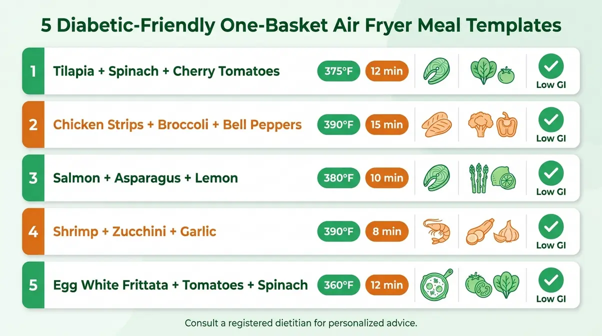 20 One-Basket Air Fryer Meals: Beginner'S Guide 2026 9 Diabetic-friendly one-basket air fryer meal template card showing five low-glycemic protein and vegetable combinations