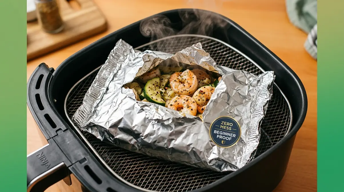 20 One-Basket Air Fryer Meals: Beginner'S Guide 2026 6 Sealed foil packet inside a single air fryer basket with shrimp and zucchini visible through steam vent