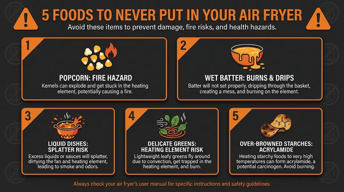 20 One-Basket Air Fryer Meals: Beginner'S Guide 2026 8 Infographic showing five foods to avoid in a one-basket air fryer including popcorn, wet batter, and saucy dishes