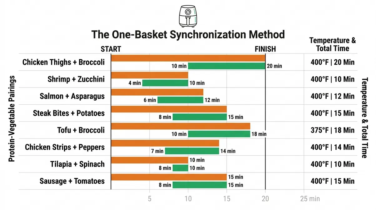 20 One-Basket Air Fryer Meals: Beginner'S Guide 2026 3 One-basket air fryer stagger timing chart showing protein versus vegetable add times for eight common meal pairings