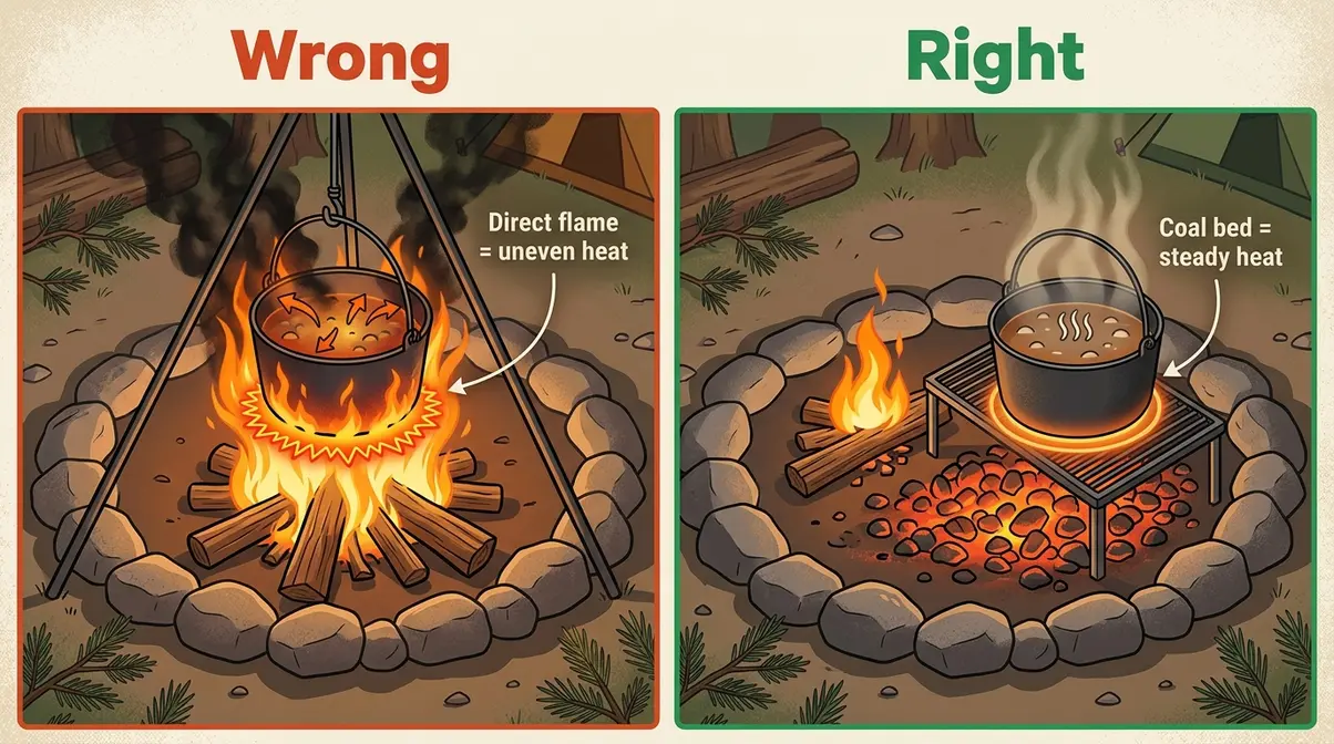 Campfire cooking comparison showing wrong direct flame method versus correct coal bed heat zone