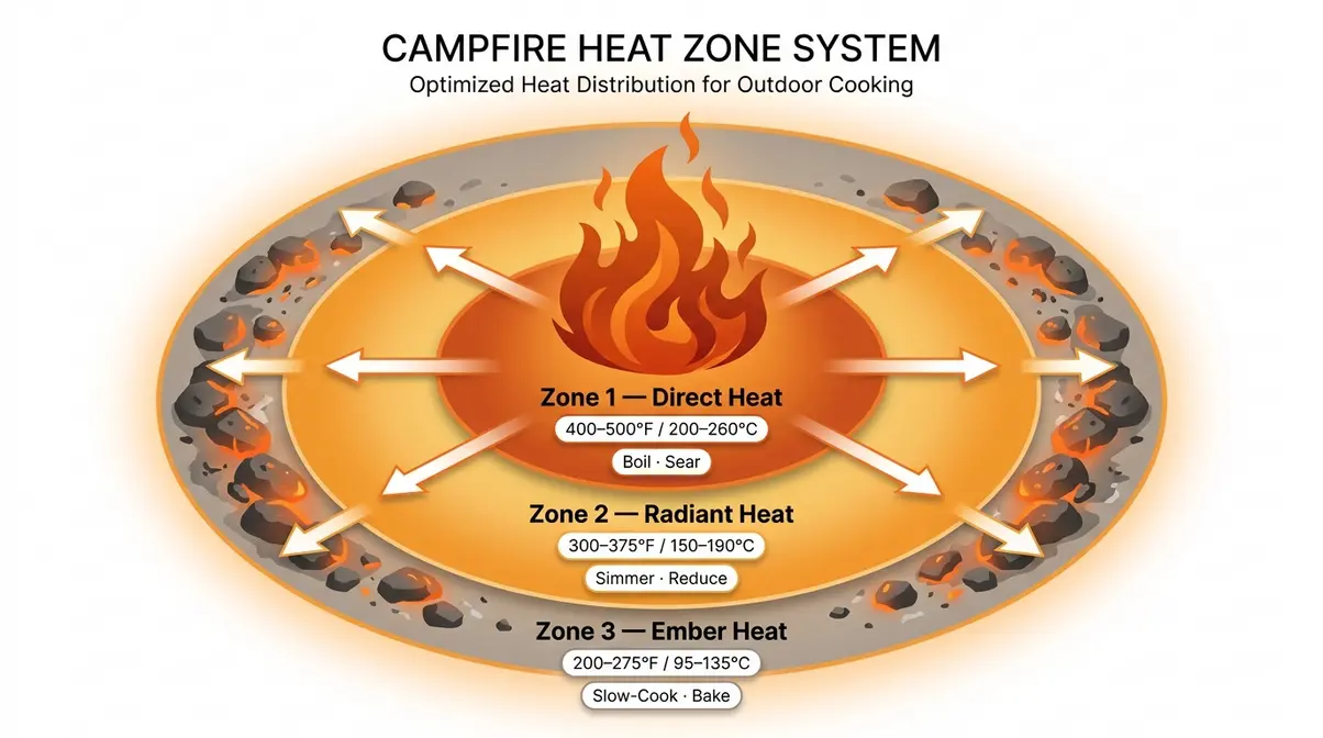 Campfire Heat Zone System diagram showing three cooking zones with temperature ranges for beginner campfire cooking