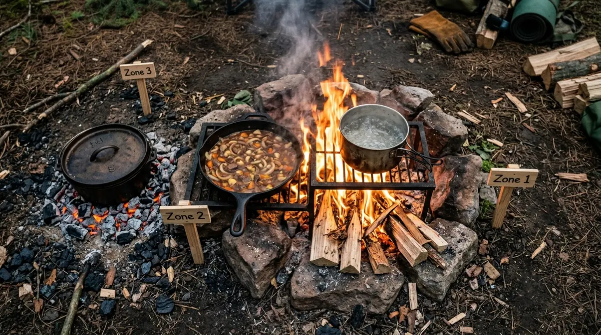 Overhead campfire view showing three heat zones with pots positioned at Zone 1 flames, Zone 2 radiant, and Zone 3 coals
