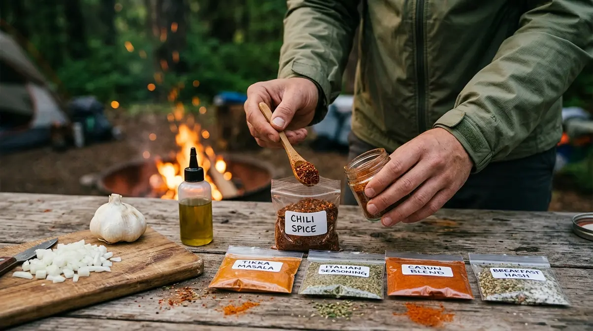 Labeled zip-lock bags of pre-measured campfire spice blends prepared at home for camp cooking