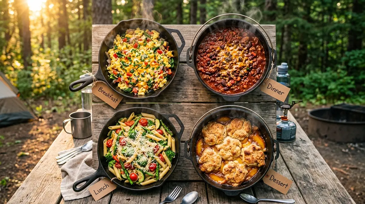 Four cast iron skillets with different one-pot campfire recipes including eggs, chili, pasta, and cobbler