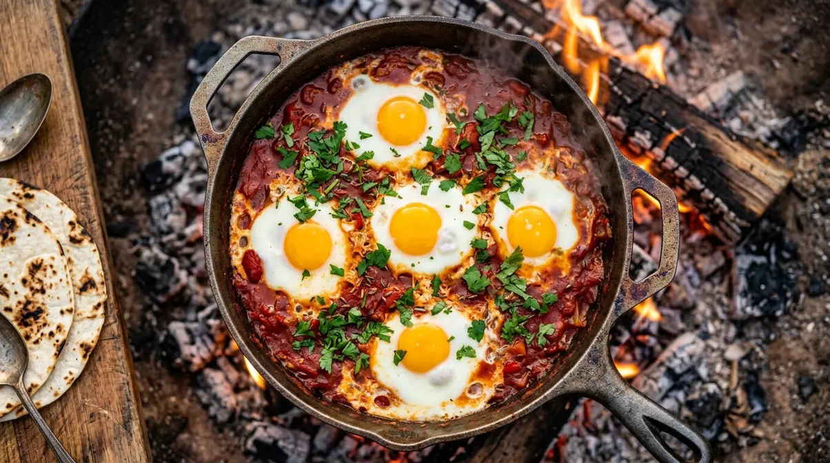 Cast iron skillet shakshuka with eggs poached in spiced tomato sauce over campfire coals