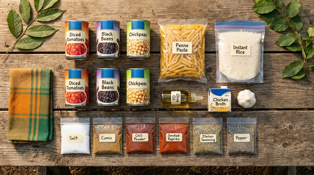 Campsite pantry ingredients laid out for one-pot campfire recipes including canned goods, dry goods, and spice kits