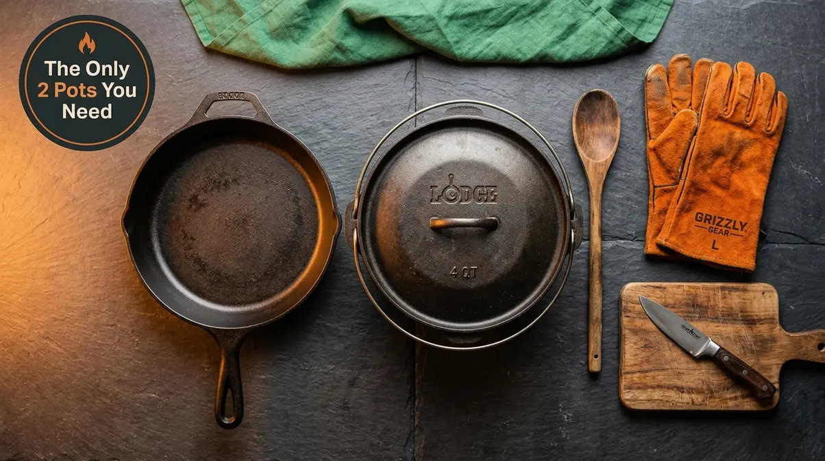 Cast iron skillet and Dutch oven campfire cooking gear laid out on dark slate surface
