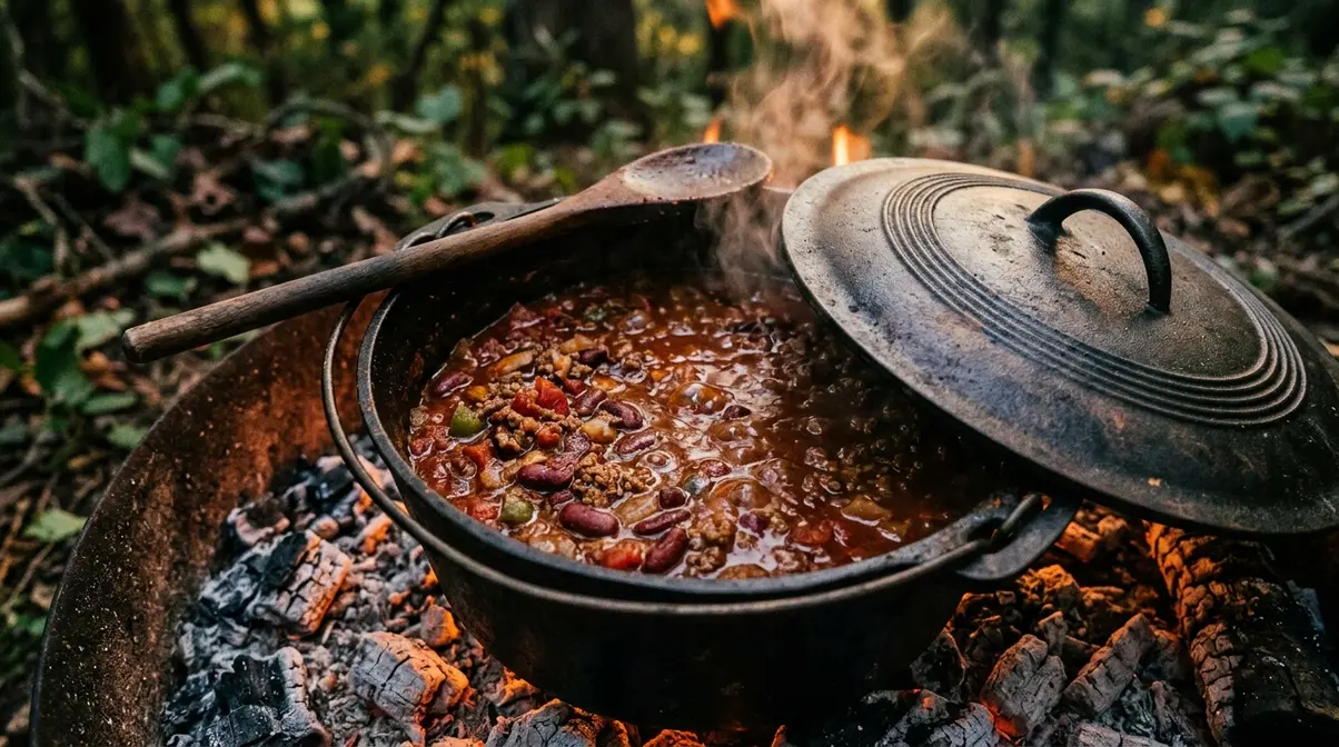 Cast iron Dutch oven with bubbling campfire chili on glowing coal bed ember heat zone