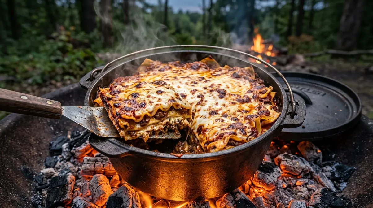 Dutch oven campfire lasagna with bubbling mozzarella and layered pasta cooked over coal bed