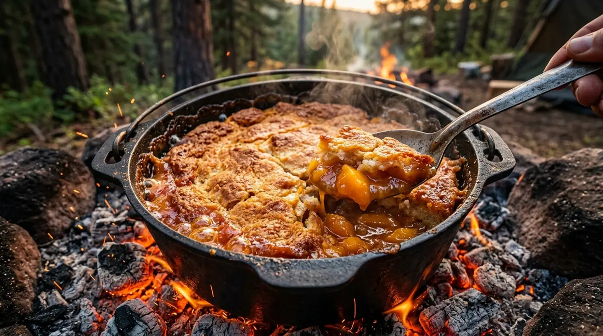 Dutch oven peach cobbler with golden crust bubbling over campfire coal bed ember heat