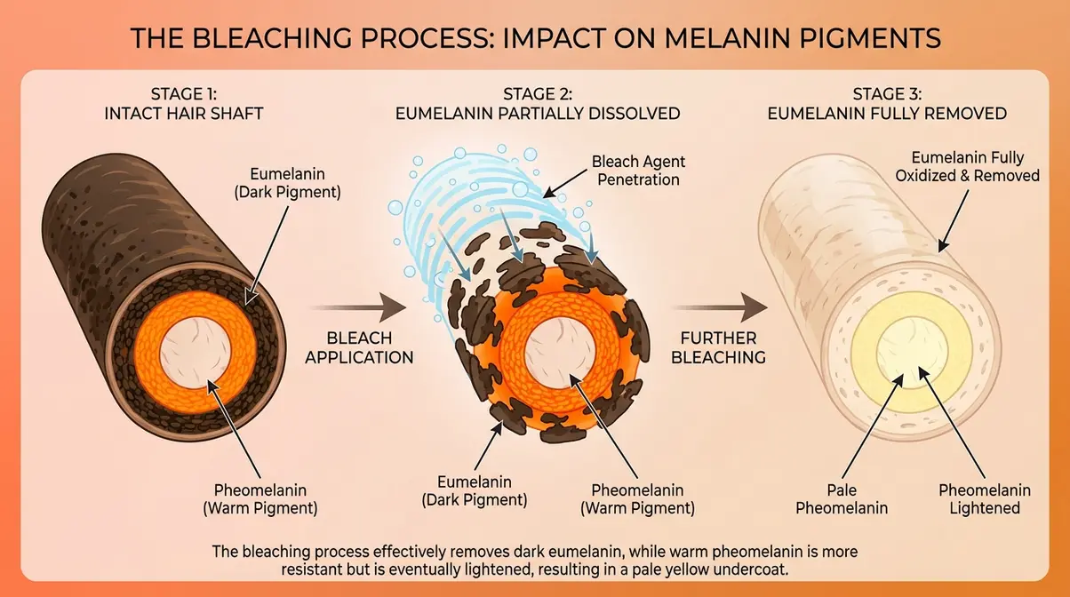 Diagram showing eumelanin and pheomelanin layers in hair shaft and how bleach reveals orange tones
