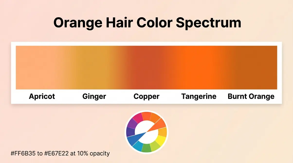 Orange hair color spectrum showing five named shades from apricot to burnt orange with color wheel context