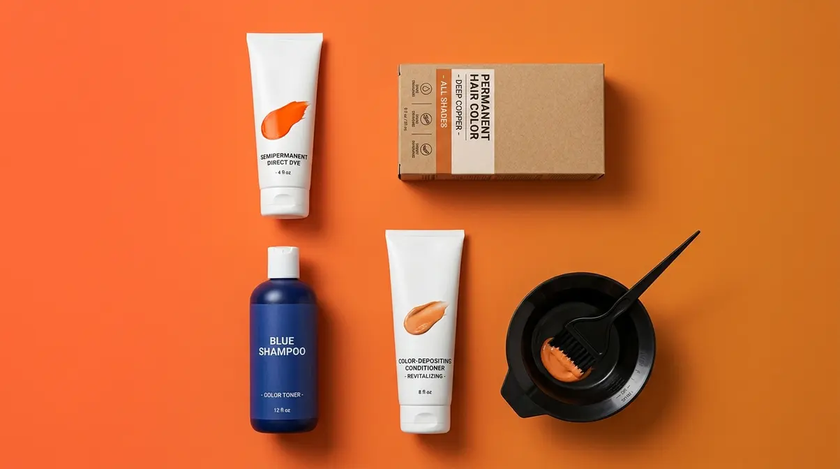 Flat-lay arrangement of orange hair dye products including permanent dye vivid direct dye and blue shampoo