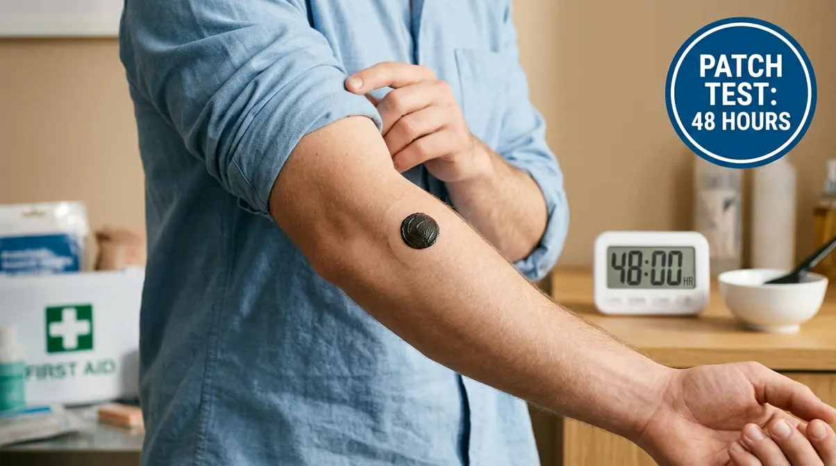Patch test being applied to inner elbow before orange hair dyeing with 48-hour timer visible