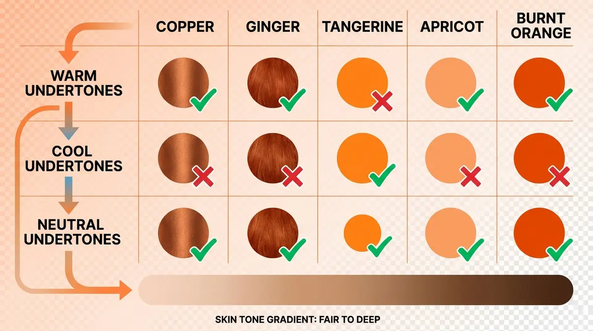 Orange spectrum roadmap chart matching warm, cool, and neutral skin undertones to recommended orange hair shades