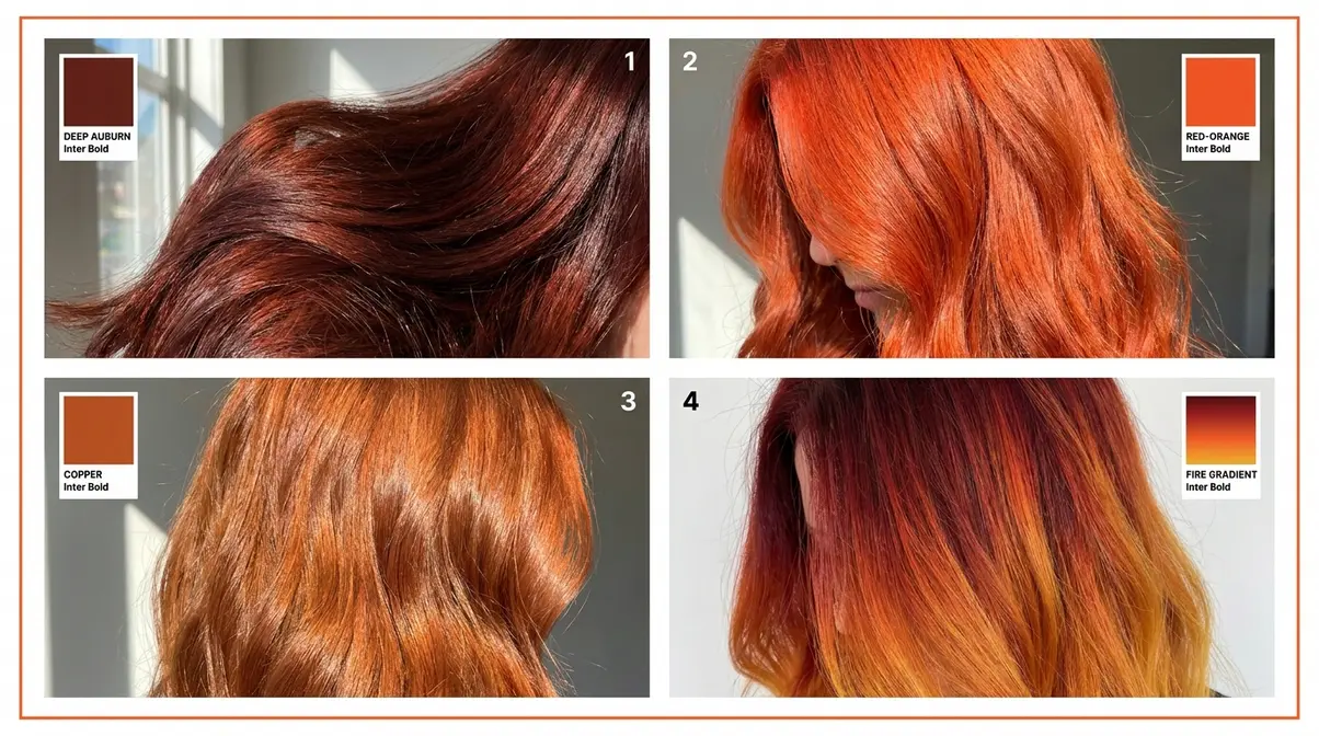 Side-by-side collage of auburn, red-orange, copper, and fire hair color gradients on different models