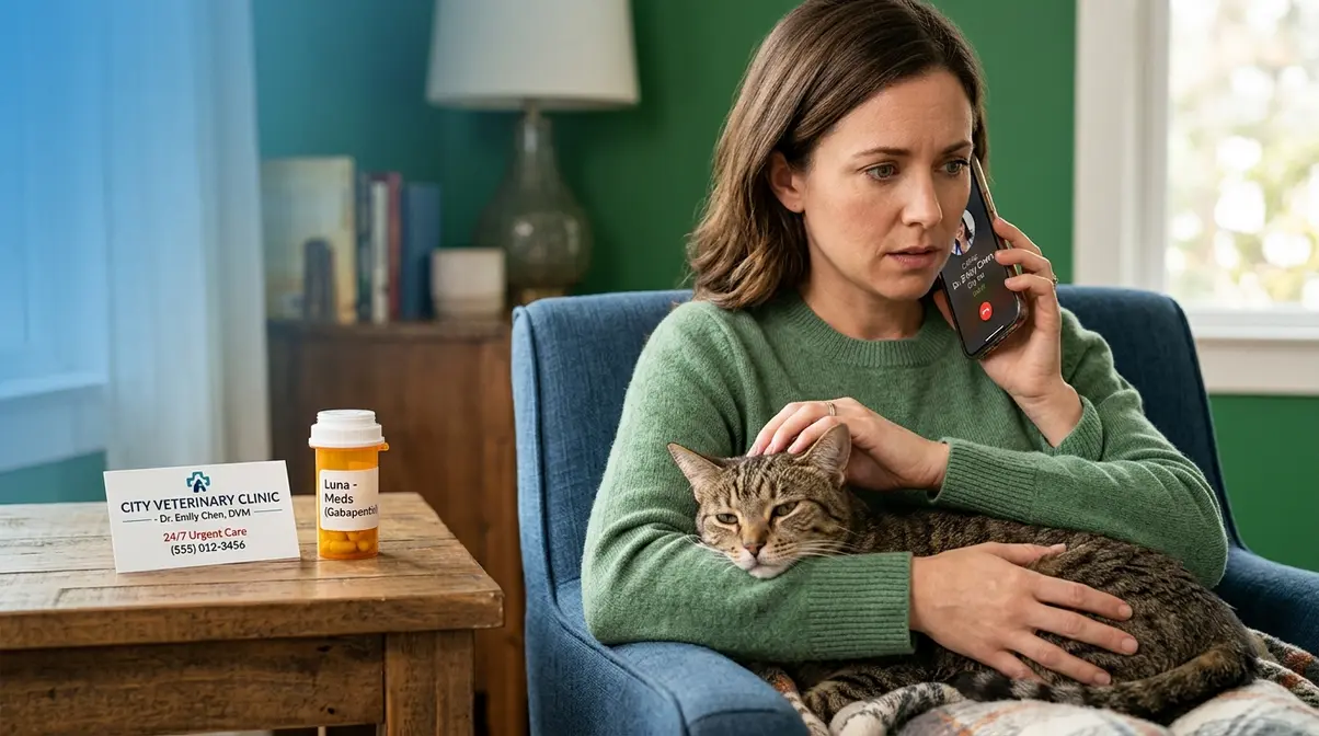 Cat owner calling veterinarian after noticing warning signs in cat during Orbax treatment