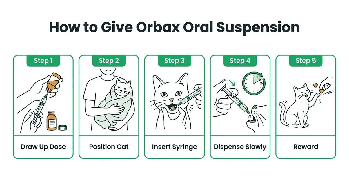 Step-by-step illustrated guide showing five steps for giving Orbax oral suspension to a cat