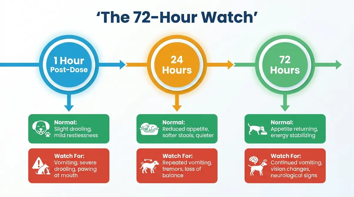 The 72-Hour Watch Orbax monitoring timeline showing three checkpoints for cat owners