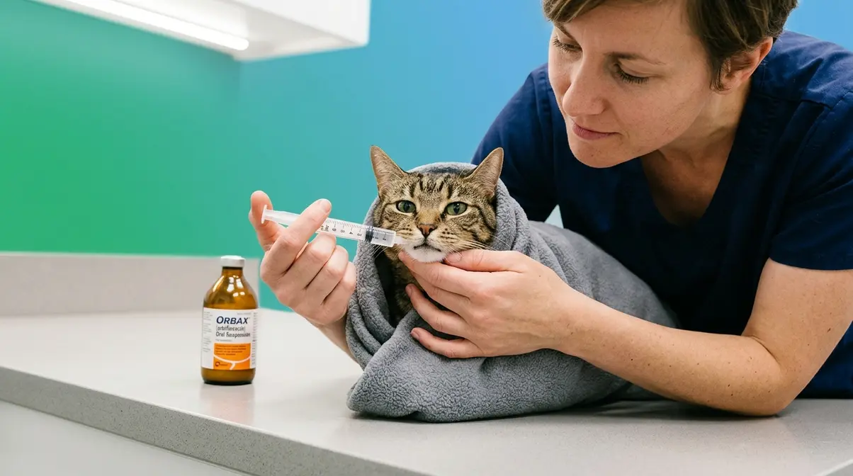 Person giving Orbax oral suspension to a cat using calibrated syringe and purrito wrap technique