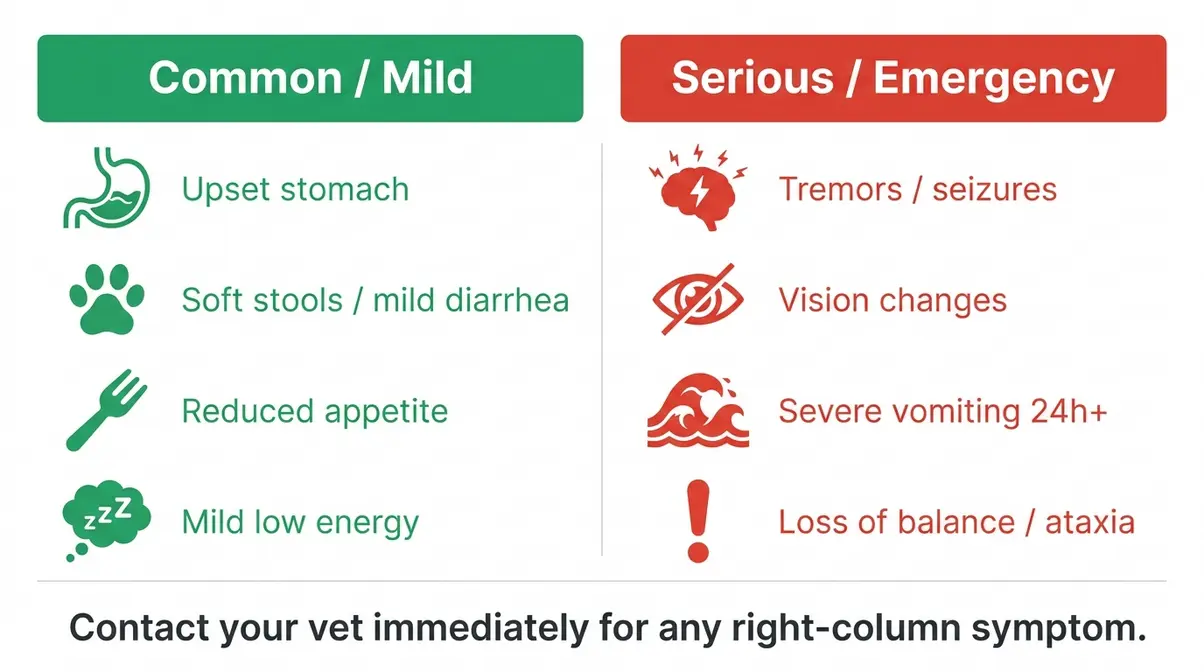 Orbax for cats side effects infographic comparing mild common symptoms versus serious emergency symptoms