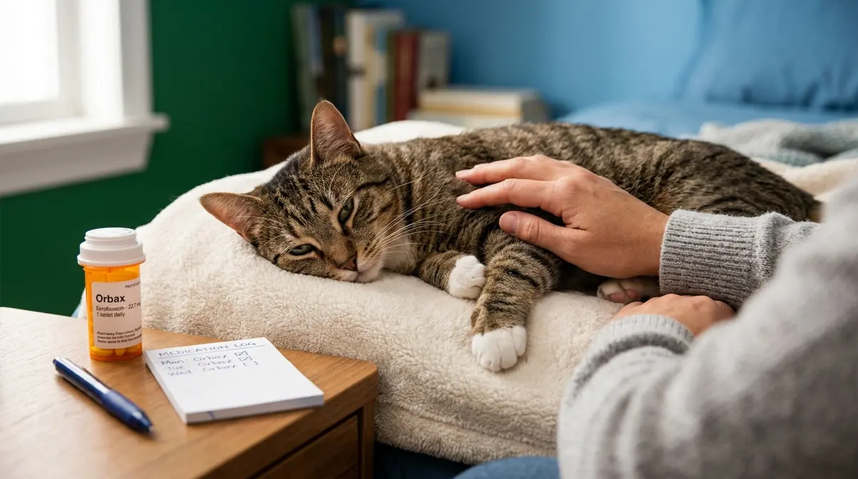 Cat resting during Orbax treatment with owner monitoring for side effects at home