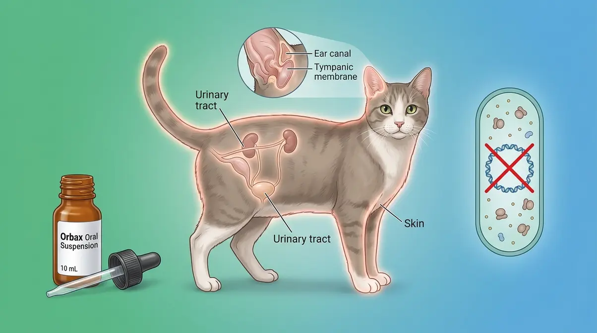 Orbax orbifloxacin antibiotic for cats showing infection sites treated and bactericidal mechanism diagram