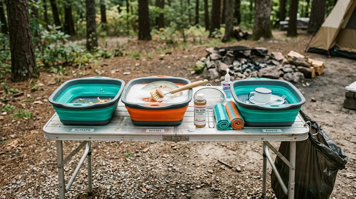 Camp cleanup gear showing three-bin dishwashing station with biodegradable soap, scrub brush, and microfiber towels