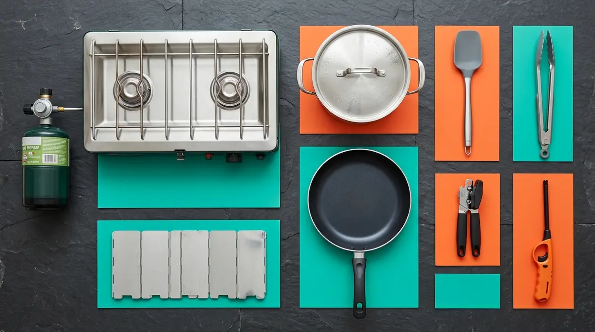 Essential camp cooking gear including propane stove, stainless steel pot, skillet, spatula, and tongs for outdoor cooking