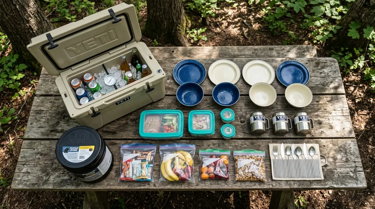 Camp dining and food storage essentials including hard-sided cooler, enamel plates, mugs, and food containers for camping