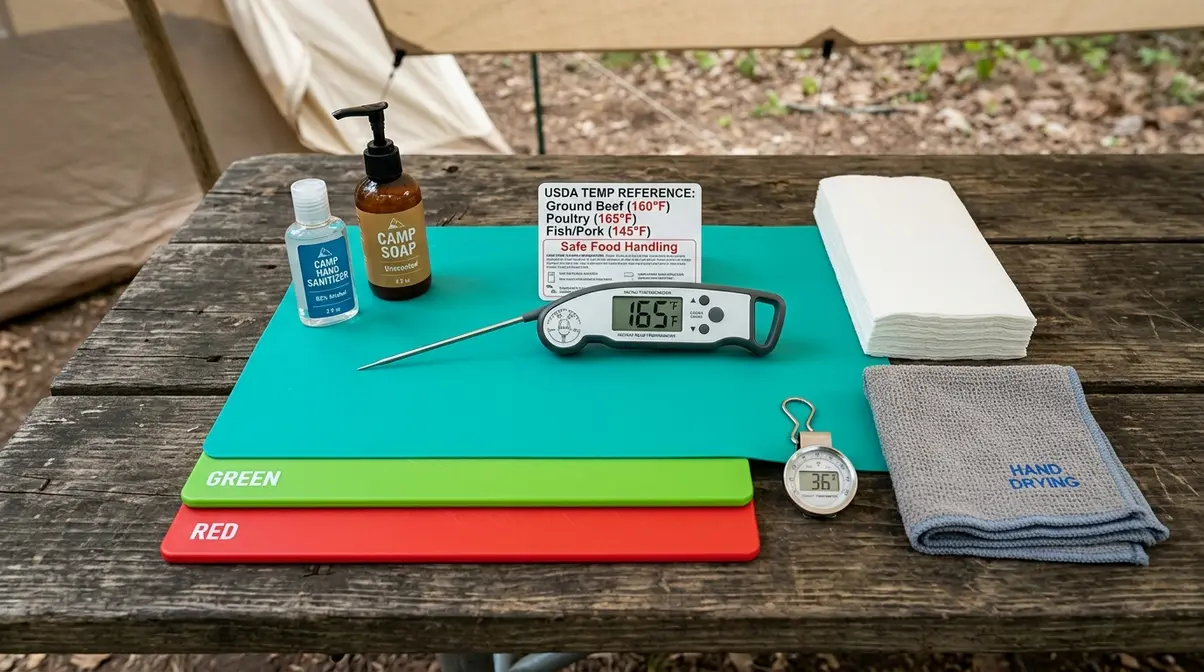 Camp food safety kit with instant-read thermometer, hand sanitizer, color-coded cutting boards, and cooler thermometer