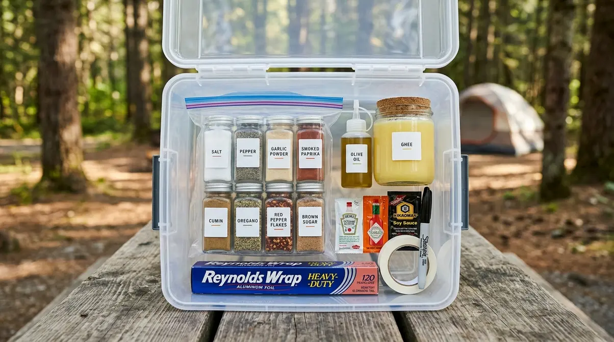Camp pantry staples including spice kit, olive oil, ghee, condiment packets, and aluminum foil in a clear storage bin