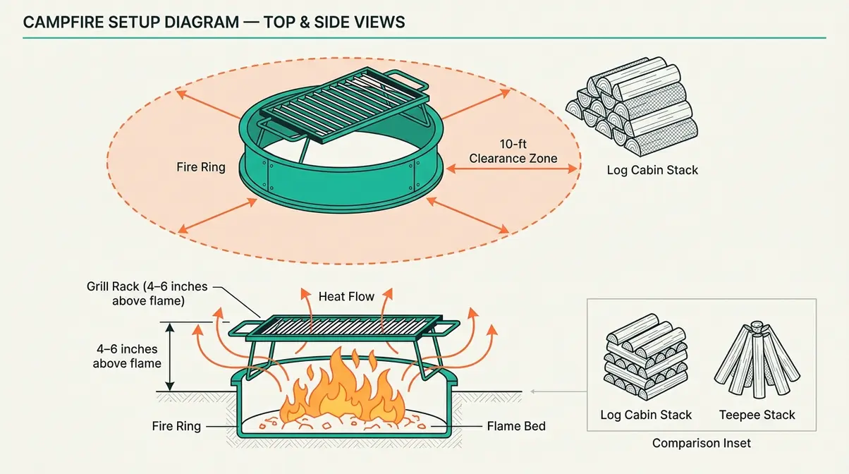 Campfire setup diagram showing grill rack positioning and fire ring clearance zone for outdoor cooking checklist camping