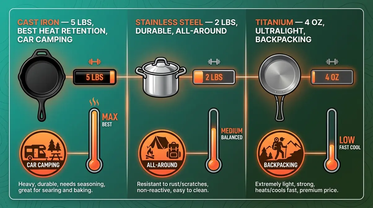 Outdoor cooking checklist camping cookware comparison chart showing cast iron versus titanium weight and heat retention