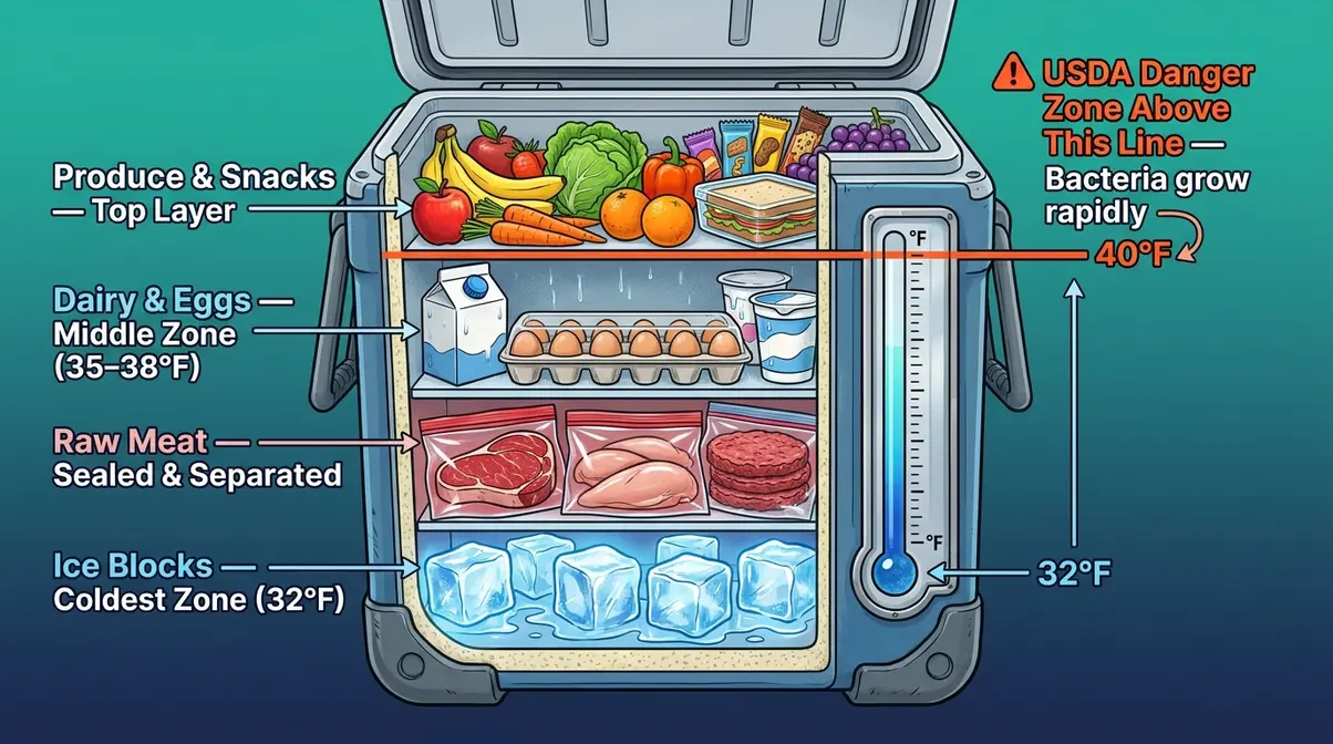 Smart cooler packing layers infographic for outdoor cooking checklist camping food safety showing ice and meat placement